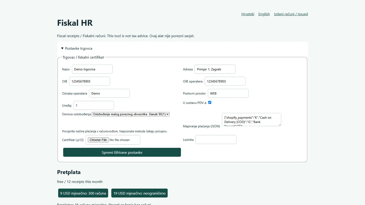 Merchant and certificate settings with payment mapping, Croatian interface (demo shop)