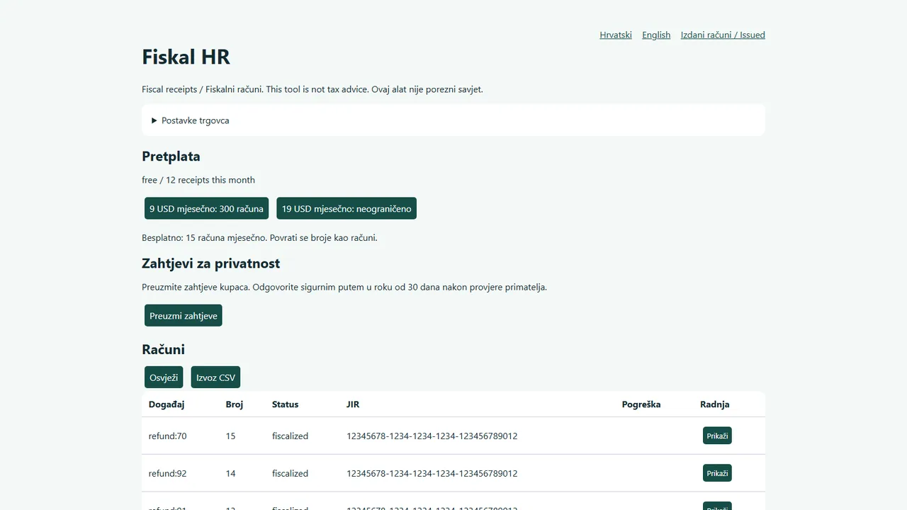 Plan, privacy requests and the list of fiscalized receipts with their JIR, Croatian interface (fictional data)