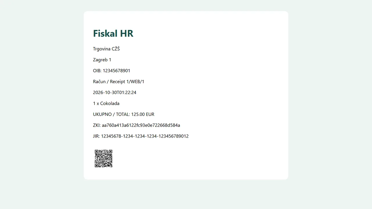 A receipt with ZKI, JIR and the verification QR code (fictional data)