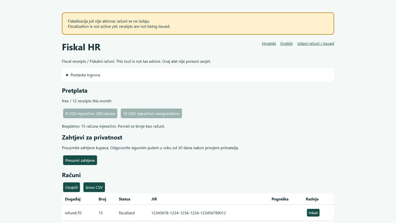 The notice shown while fiscalization is not active yet, with receipts and CSV export