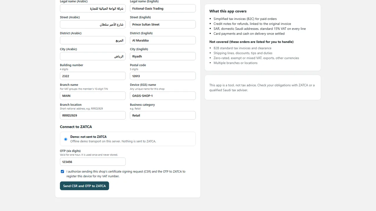 Onboarding form with seller details, environment choice, OTP field and consent (demo mode, fictional data)