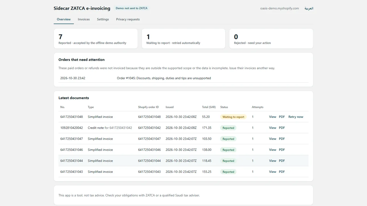 Reporting overview with reported and waiting counts and an order outside the scope (fictional data)