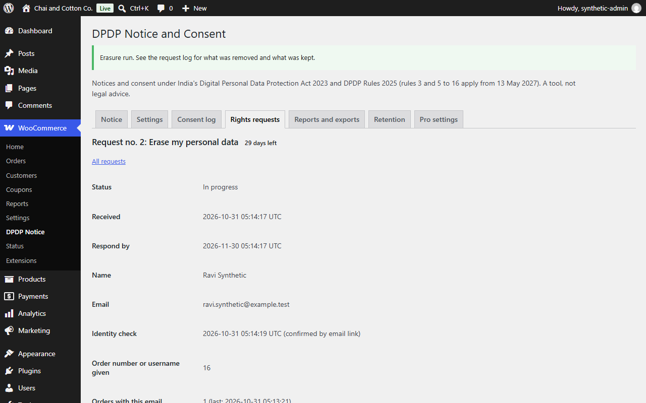 A rights request in the WordPress admin: erasure, confirmed by email link, due date, matching orders (fictional shop)