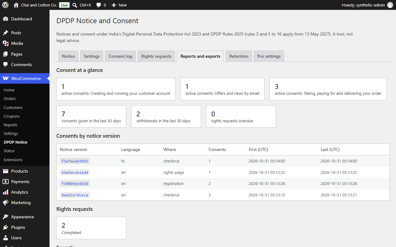 Consent reports: active consents per purpose, withdrawals, consents per notice version and language, exports (fictional shop)