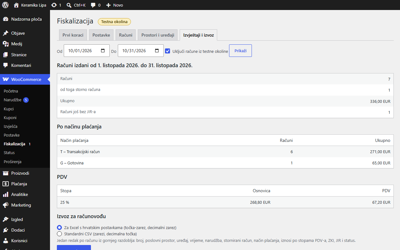Pro: period report with CSV export for the accountant (fictional data)