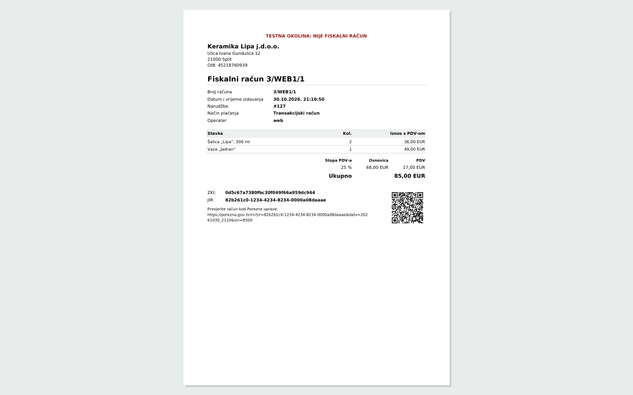 Pro: PDF receipt with ZKI, JIR and the verification QR code (fictional data)
