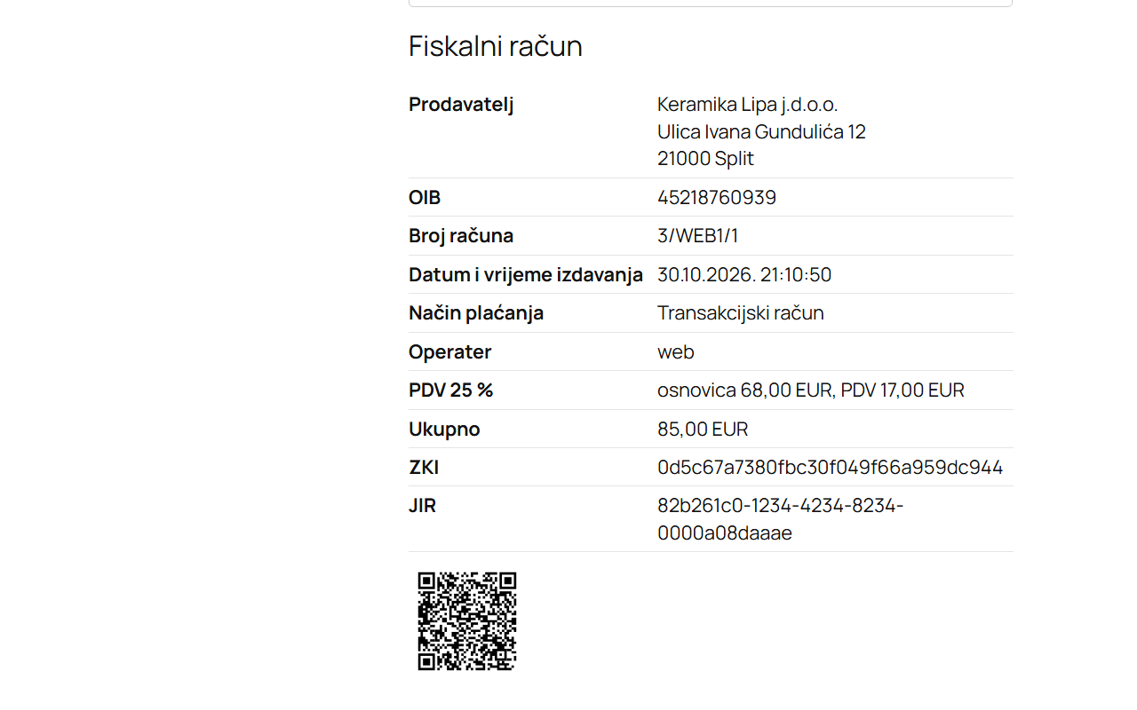 Free plugin: a fiscalized order with its JIR and QR code (fictional data)
