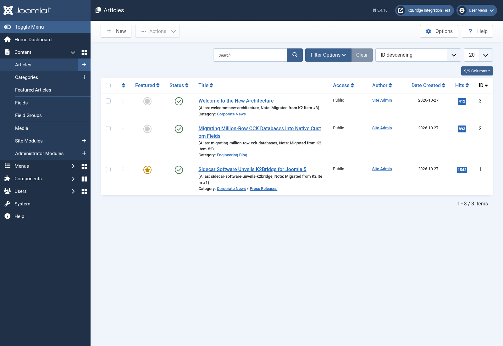 Three migrated K2 articles in Joomla 5