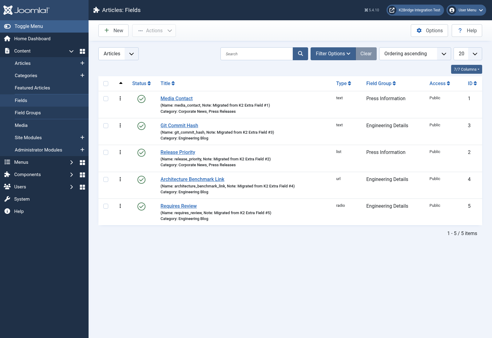 Native Joomla custom field definitions