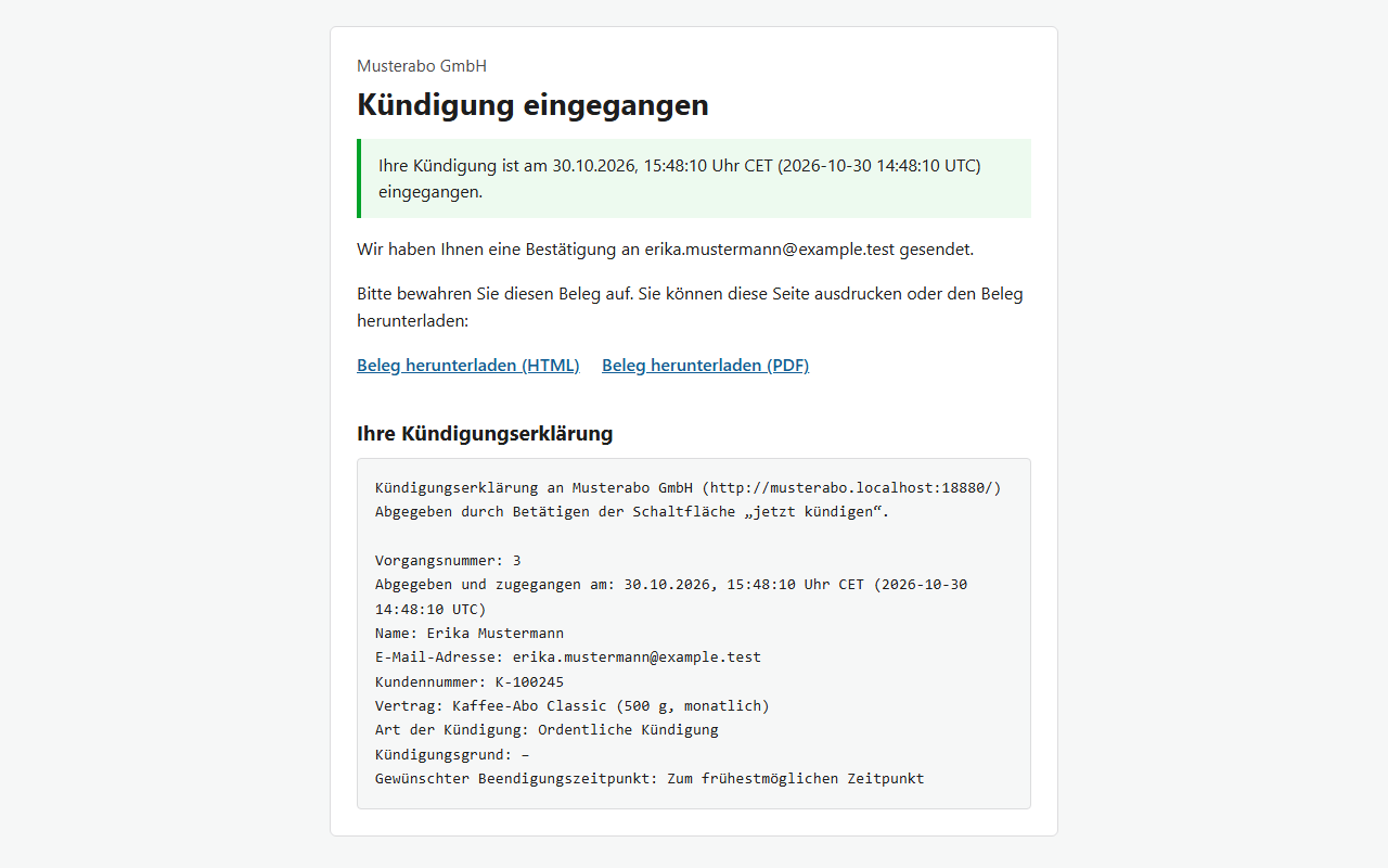 The customer's confirmation page with HTML and PDF receipt downloads (sample data)