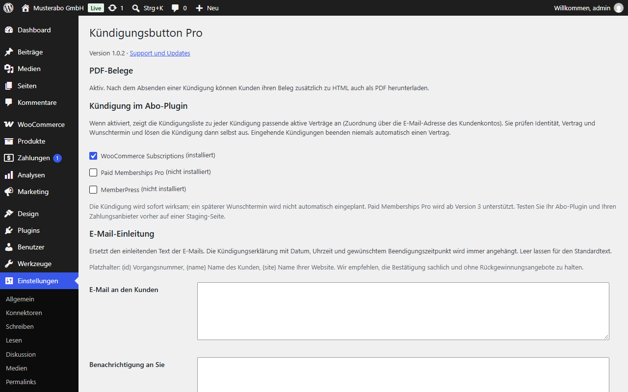 Kündigungsbutton Pro settings in German