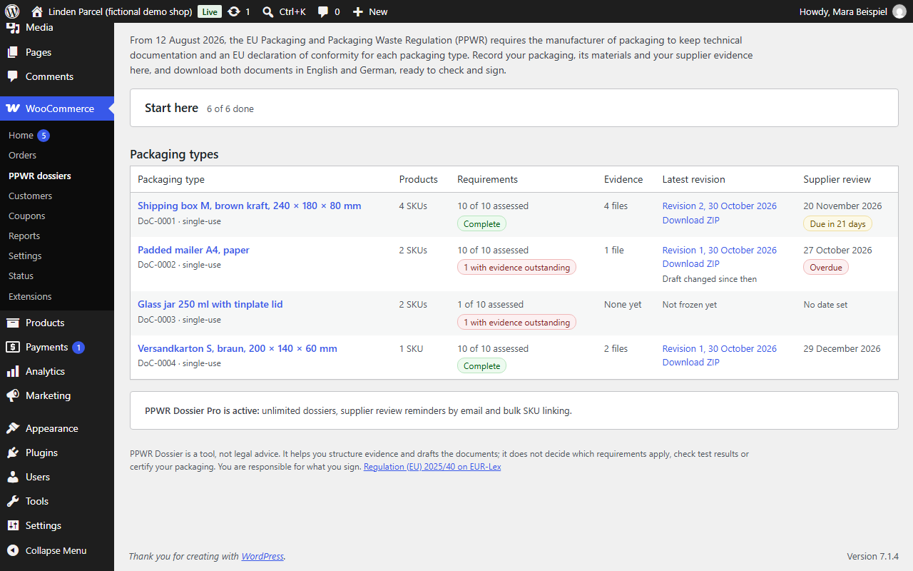 The packaging register with several dossiers, requirements progress, revisions and supplier review dates (fictional data)
