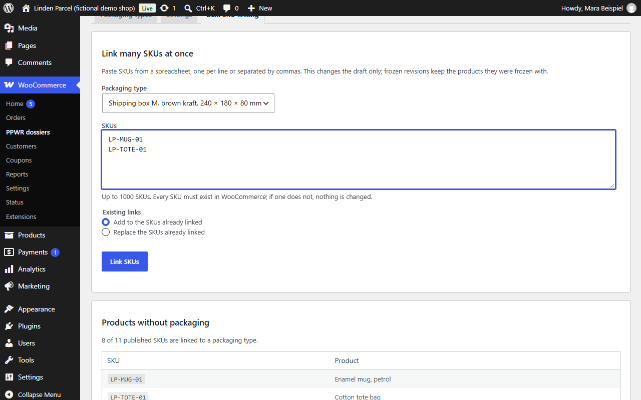 Bulk SKU linking and the list of products without packaging (fictional data)