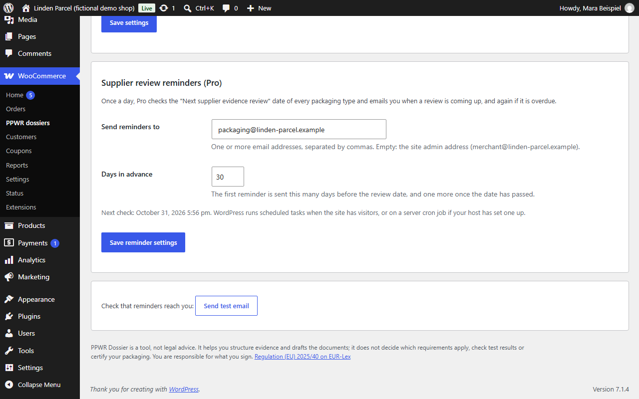 Supplier review reminder settings with recipients, lead time and a test email button