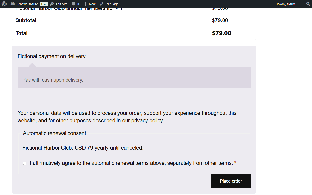 The separate, unchecked automatic-renewal consent box in WooCommerce classic checkout (free plugin, fictional store)