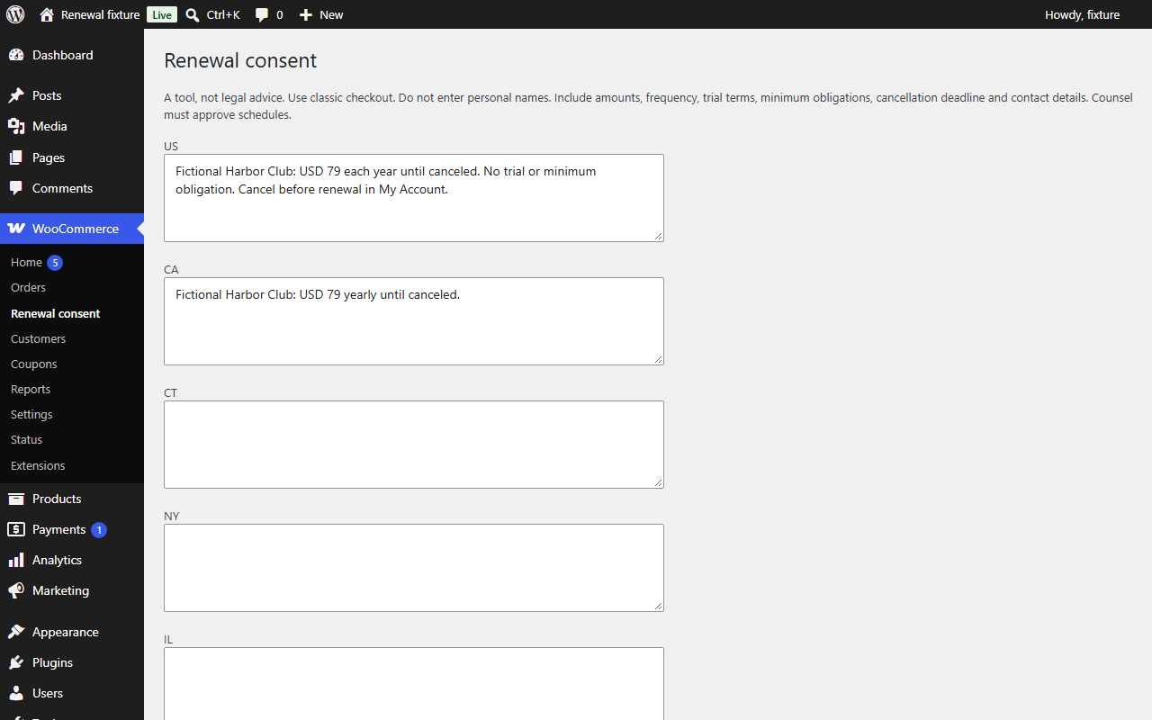 Renewal consent settings with fictional merchant terms for the US and California (free plugin)