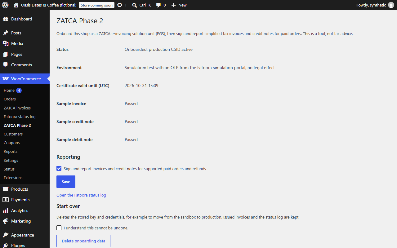 ZATCA Phase 2 onboarding screen after the compliance checks, with reporting switched on (simulation environment, mock ZATCA responses)